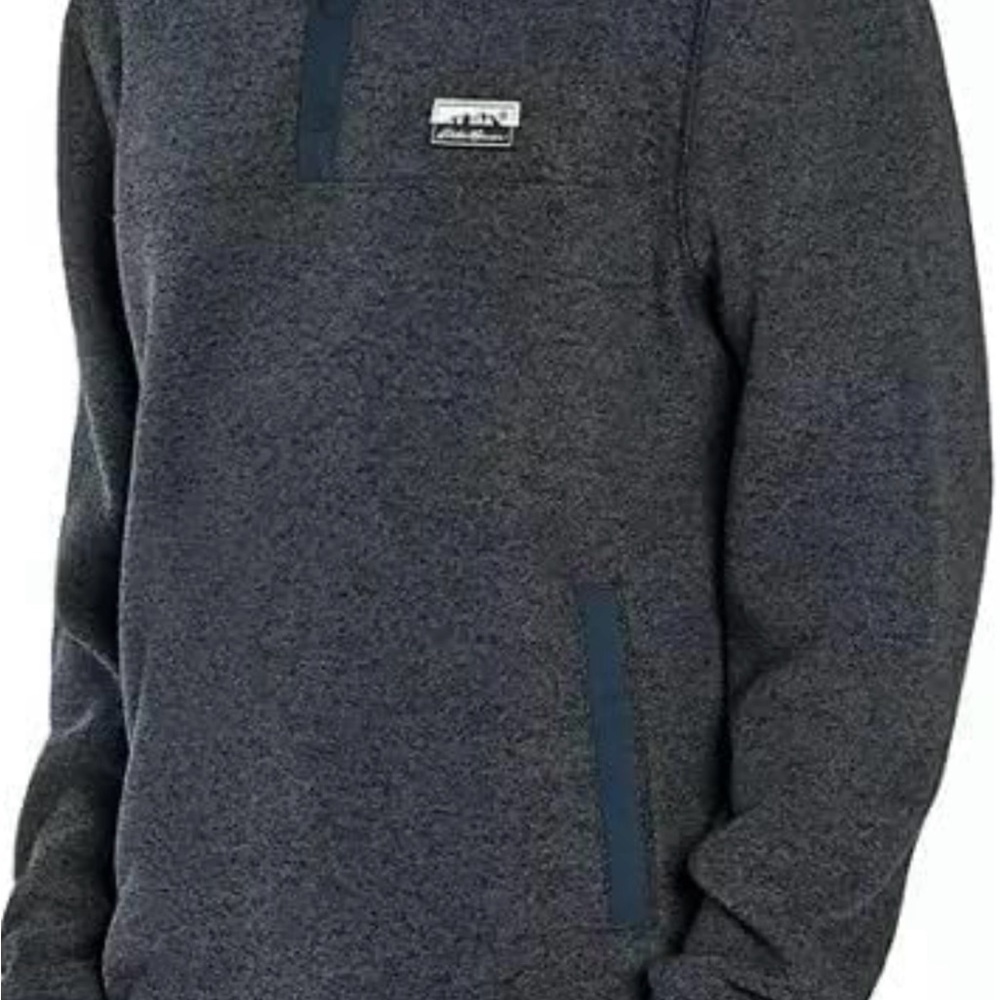 EDDIE BAUER Men's Knit Fleece Sweater 1/4 Snap Muff Pocket Gray Navy Sz-XLarge - Picture 12 of 12